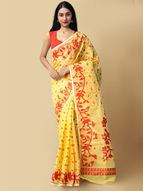 

Unnati Silks Women Yellow & Red Pure Handloom Dhaka Jamdhani Bengal Tant Cotton Sustainable Saree