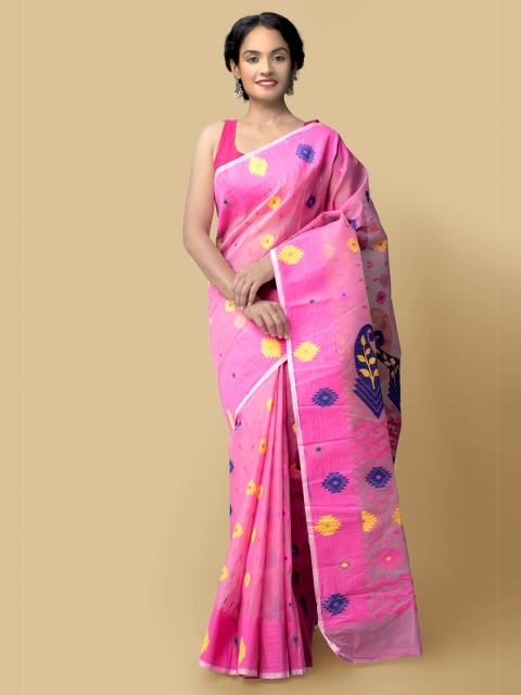 

Unnati Silks Women Pink & Blue Pure Handloom Dhaka Jamdhani Bengal Tant Cotton Sustainable Saree