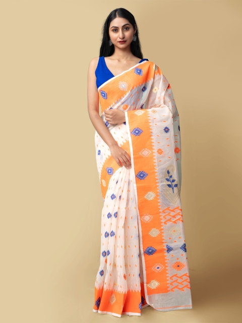 

Unnati Silks Women Cream-Coloured & Orange Pure Handloom Dhaka Jamdhani Bengal Tant Cotton Saree