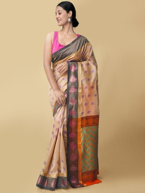 

Unnati Silks Brown & Black Woven Design Zari Silk Cotton Mysore Silk Saree