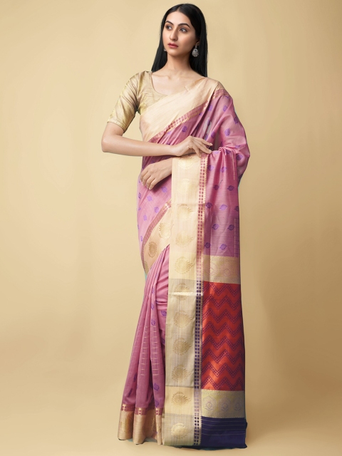 

Unnati Silks Pink & Gold-Toned Floral Zari Silk Cotton Mysore Silk Saree