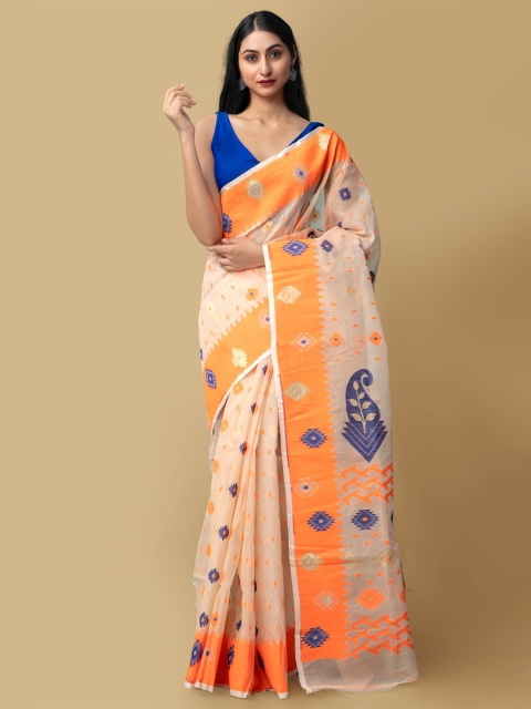 

Unnati Silks Women Peach-Coloured & Orange Pure Handloom Dhaka Jamdhani Bengal Tant Cotton Sustainable Saree