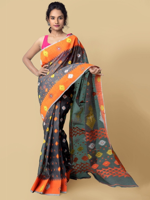 

Unnati Silks Women Grey & Orange Pure Handloom Dhaka Jamdhani Bengal Tant Cotton Sustainable Saree