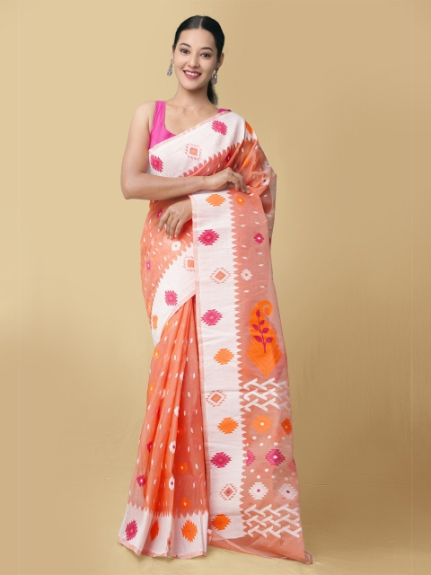 

Unnati Silks Red & White Woven Design Pure Cotton Jamdani Saree
