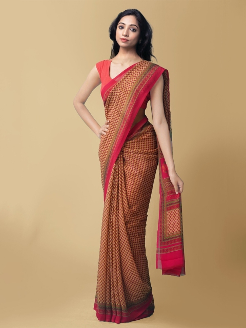 

Unnati Silks Pink & Green Floral Block Print Saree
