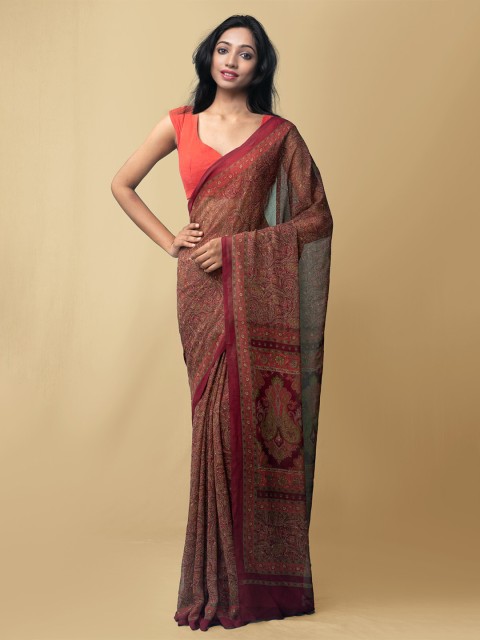 

Unnati Silks Maroon & Green Floral Block Print Saree