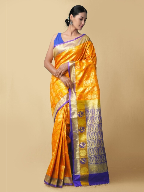

Unnati Silks Orange & Blue Woven Design Zari Silk Blend Kanjeevaram Saree