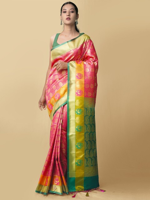 

Unnati Silks Pink & Green Woven Design Kanjivaram Silk Saree