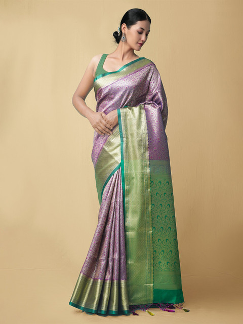 

Unnati Silks Purple & Green Woven Design Zari Silk Blend Kanjeevaram Saree