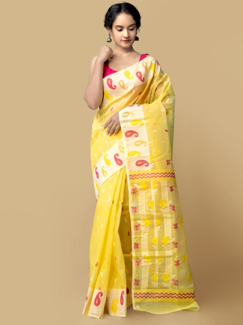 

Unnati Silks Women Yellow & Red Pure Handloom Dhaka Jamdhani Bengal Tant Cotton Sustainable Saree