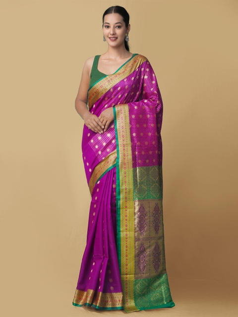 

Unnati Silks Pink & Green Woven Design Zari Silk Blend Kanjeevaram Saree
