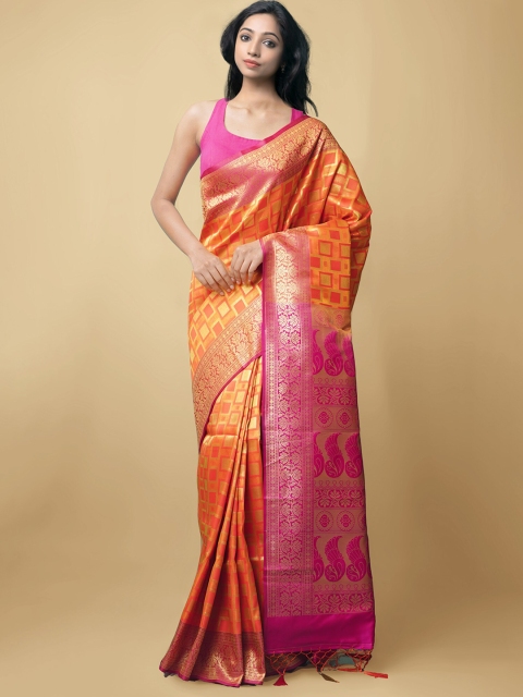 

Unnati Silks Orange & Fuchsia Woven Design Zari Silk Blend Kanjeevaram Saree