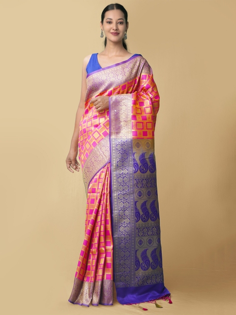 

Unnati Silks Pink & Blue Ethnic Motifs Zari Silk Blend Traditional Kanjeevaram Saree