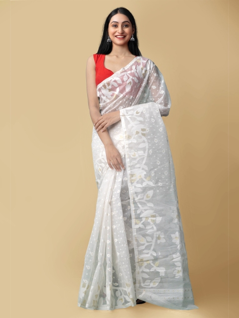 

Unnati Silks Women White Pure Handloom Dhaka Jamdhani Bengal Tant Cotton Sustainable Saree
