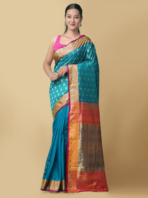 

Unnati Silks Teal & Magenta Woven Design Zari Silk Blend Kanjeevaram Saree