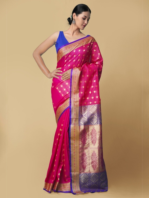 

Unnati Silks Pink & Blue Ethnic Motifs Zari Silk Blend Traditional Kanjeevaram Saree