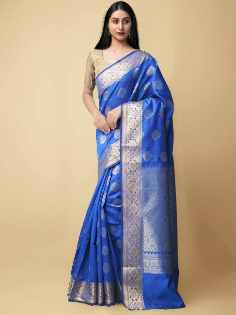 

Unnati Silks Blue & Silver-Toned Woven Design Zari Silk Cotton Mysore Silk Saree