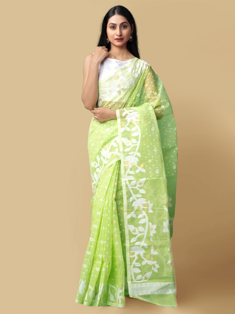 

Unnati Silks Women Green & White Pure Handloom Dhaka Jamdhani Bengal Tant Cotton Sustainable Saree