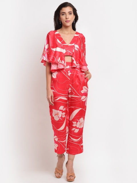 

ewoke Women Red & White Printed Crop Top Coordinate Set