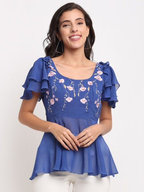 

ewoke Blue Floral Embroidered Ruffles Georgette Peplum Top
