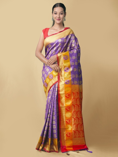 

Unnati Silks Violet & Red Woven Design Zari Silk Blend Kanjeevaram Saree