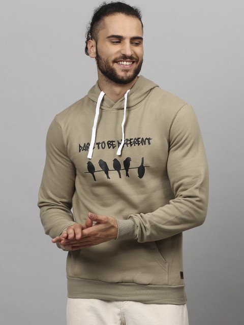 

Campus Sutra Men Olive Green Printed Cotton Hooded Sweatshirt