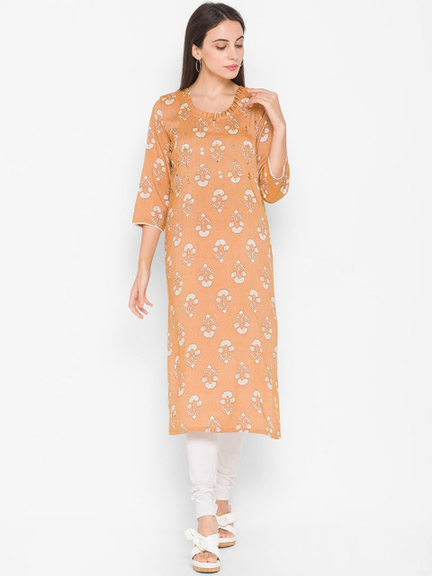

ZOLA Women Brown & White Ethnic Motifs Printed Keyhole Neck Mirror Work Kurta