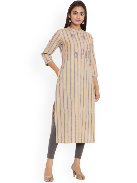 

ZOLA Women Mustard Yellow Striped Thread Work Kurta