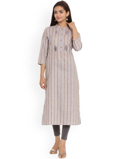 

ZOLA Women Blue Striped Cold-Shoulder Sleeves Thread Work Kurta
