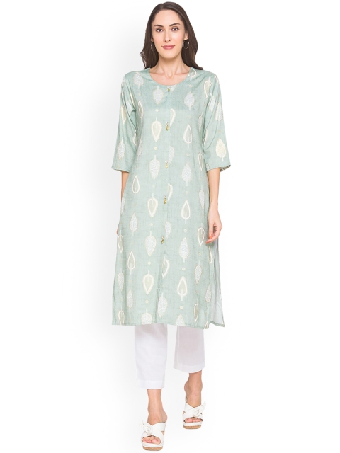 

ZOLA Women Green Ethnic Motifs Printed Keyhole Neck Flared Sleeves Kurta