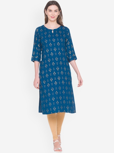 

ZOLA Women Teal Blue & Gold-Toned Printed Keyhole Neck Kurta