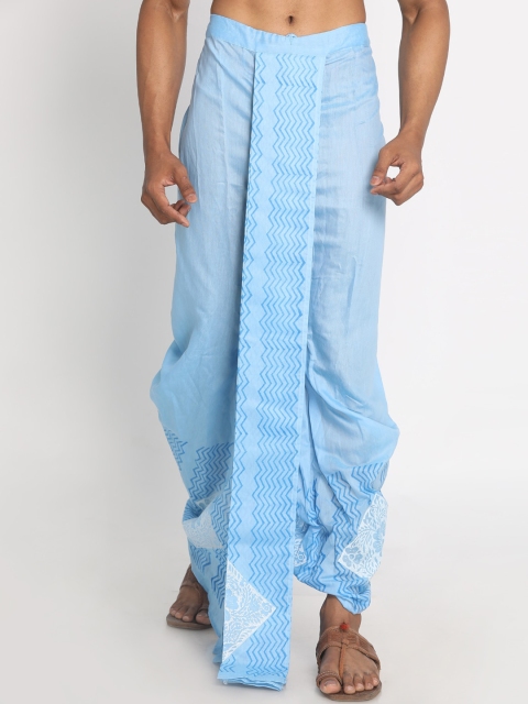 

Nakshi Men Blue Chanderi Geometric Pattern Handblock Print Dhoti