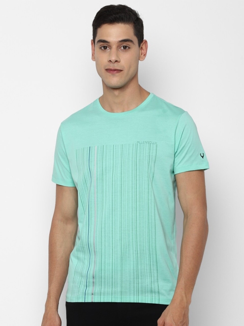 

Allen Solly Men Turquoise Blue Striped Pure Cotton T-shirt