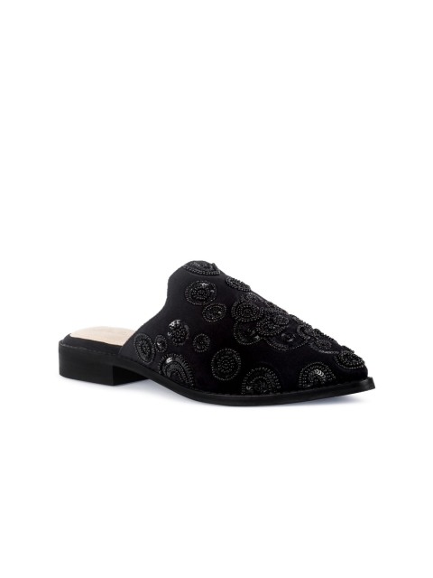 

London Rag Women Black Embellished Leather Party Mules with Laser Cuts Flats