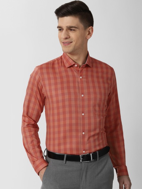 

Peter England Men Orange & Beige Opaque Checked Formal Shirt