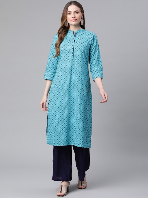 

Rangriti Women Turquoise Blue Printed Pure Cotton Kurta