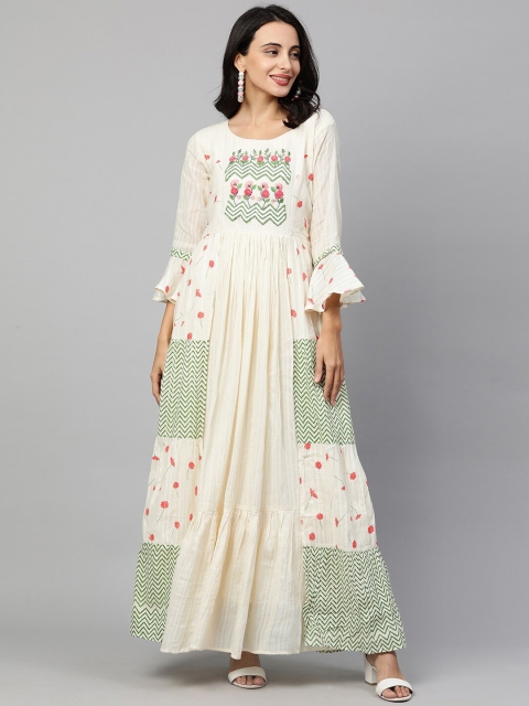

FASHOR Women Off White & Green Floral Embroidered Tiered Maxi Dress