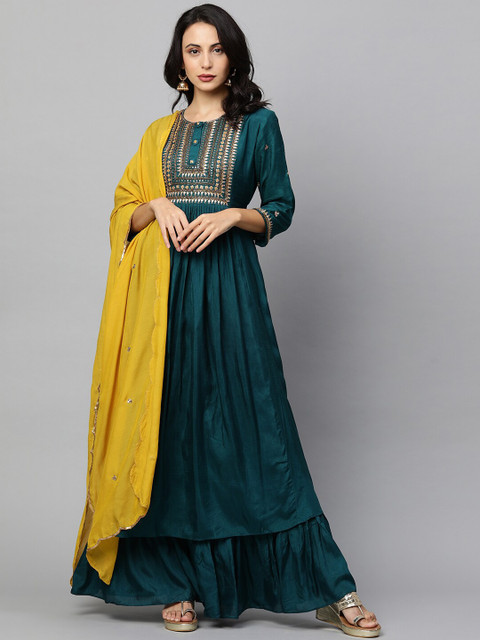 

FASHOR Teal Green & Gold-Toned Embroidered Layered Ethnic Maxi Dress With Dupatta