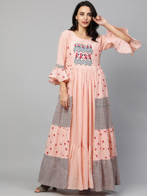 

FASHOR Peach-Coloured Ethnic Motifs Maxi Dress