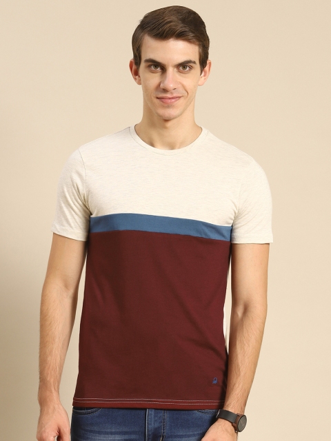 

United Colors of Benetton Men Maroon & Cream-Coloured Colourblocked T-shirt