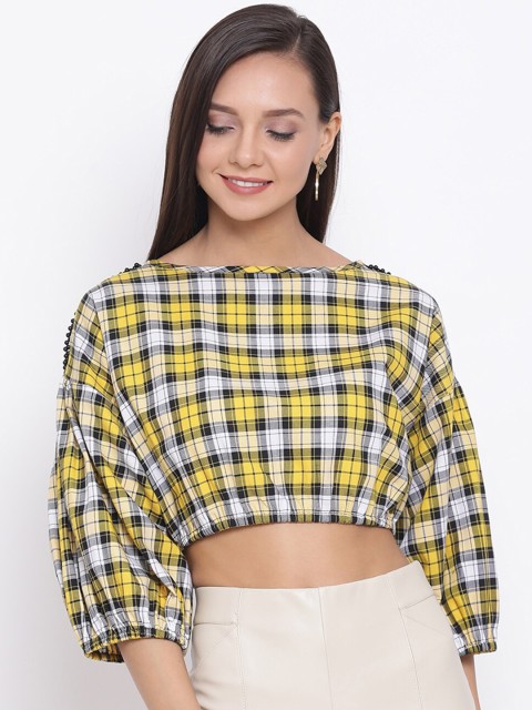 

DRAAX Fashions Yellow Check Blouson Crop Top