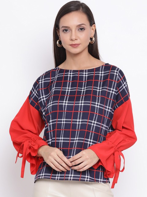 

DRAAX Fashions Navy Blue & Red Checked Regular Top