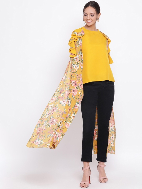 

DRAAX FASHIONS Women Yellow Floral Layered Cape Top