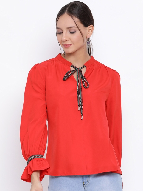 

DRAAX FASHIONS Women Red Solid Tie-Up Neck Ruffled Top