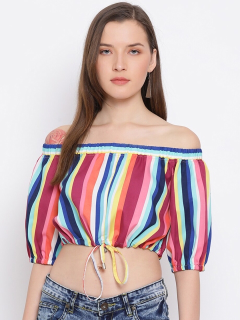 

DRAAX Fashions Women Multicoloured Striped Off-Shoulder Bardot Crop Top, Multi