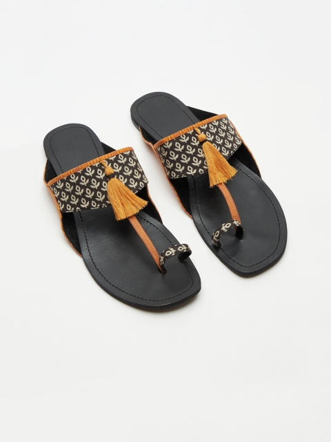

Fabindia Women Mustard Embellished One Toe Flats with Laser Cuts