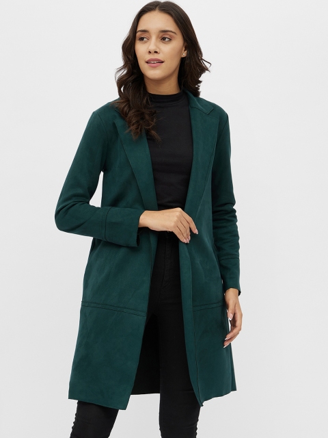 

Harpa Women Green Longline Open Front Jacket with Embroidered