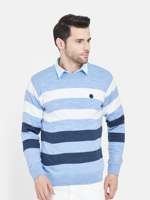 

Duke Men Navy Blue & White Striped Round Neck Pullover