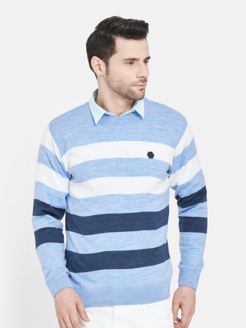 

Duke Men Blue & White Colourblocked Round Neck Pullover