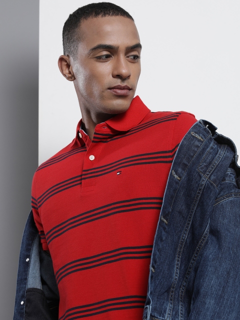 

Tommy Hilfiger Men Red & Navy Blue Striped Polo Collar T-shirt